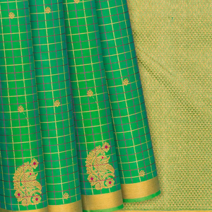 Green Handloom Kanchipuram Silk Saree With Floral Buttas & Checks-Green