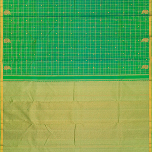 Green Handloom Kanchipuram Silk Saree With Floral Buttas & Checks-Green
