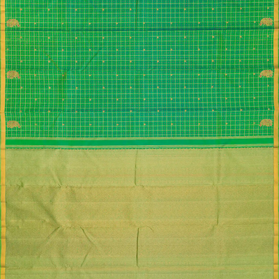 Green Handloom Kanchipuram Silk Saree With Floral Buttas & Checks-Green
