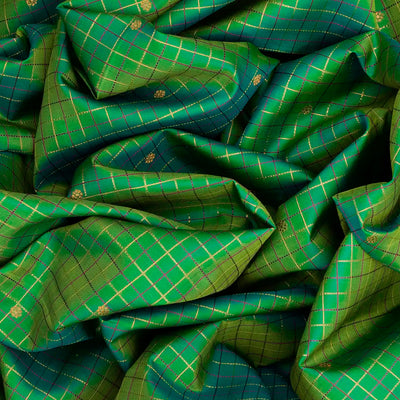 Green Handloom Kanchipuram Silk Saree With Floral Buttas & Checks-Green