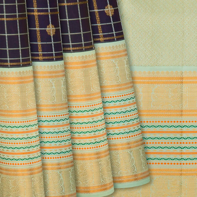 Brown Handloom Kanchipuram Korvai Silk Saree With Checks-Brown