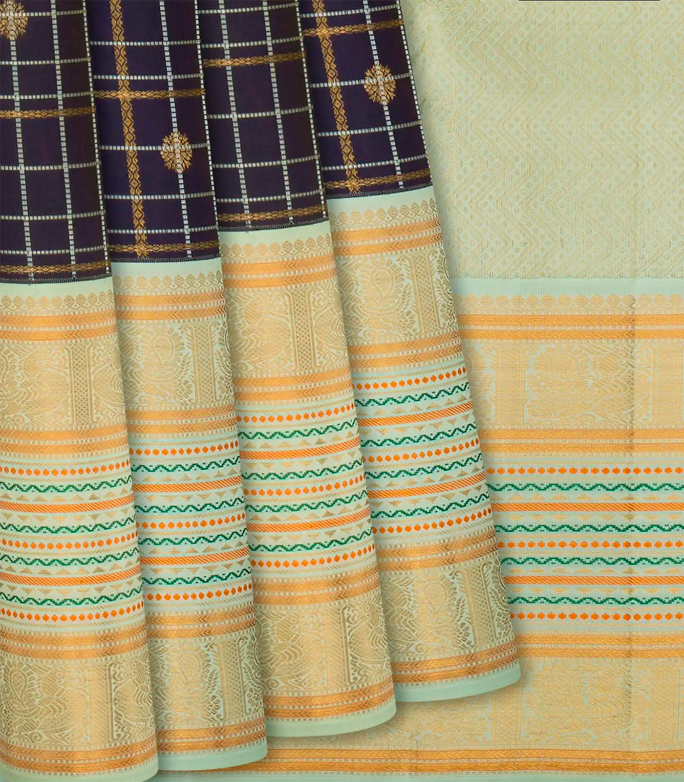 Brown Handloom Kanchipuram Korvai Silk Saree With Checks-Brown