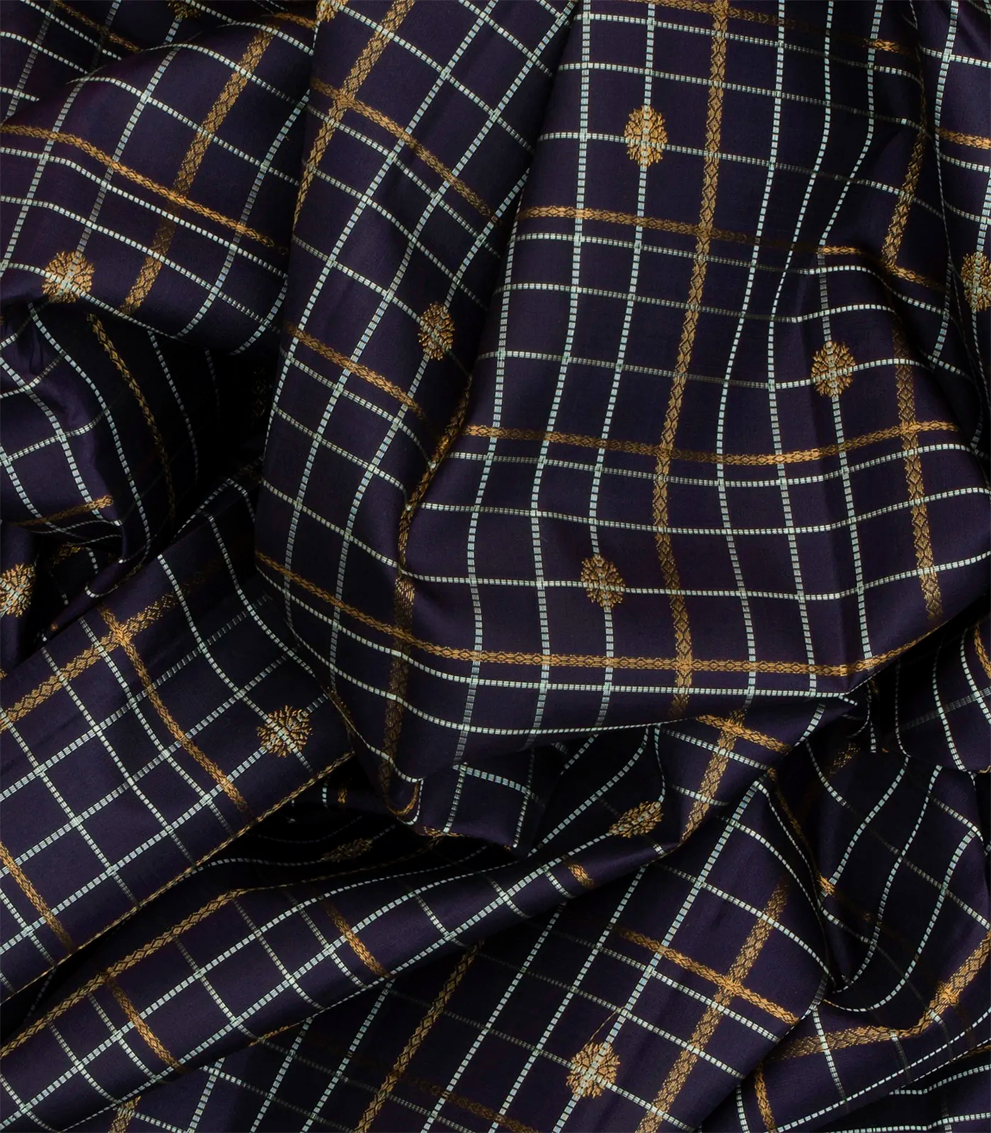 Brown Handloom Kanchipuram Korvai Silk Saree With Checks-Brown