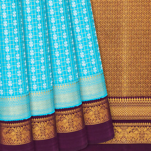 Turquoise Handloom Kanchipuram Korvai Silk Saree With Zari Checks-Turquoise