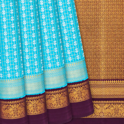 Turquoise Handloom Kanchipuram Korvai Silk Saree With Zari Checks-Turquoise