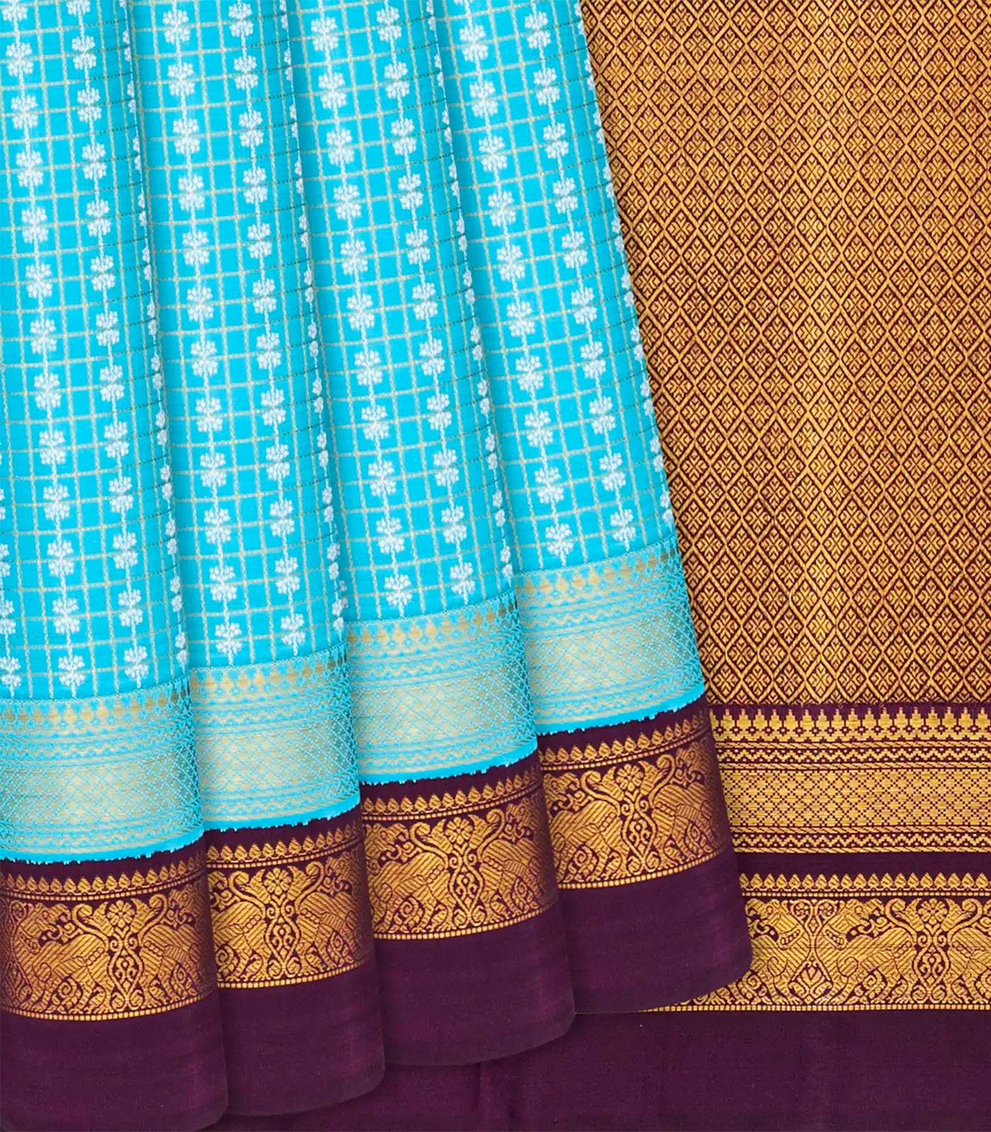 Turquoise Handloom Kanchipuram Korvai Silk Saree With Zari Checks-Turquoise