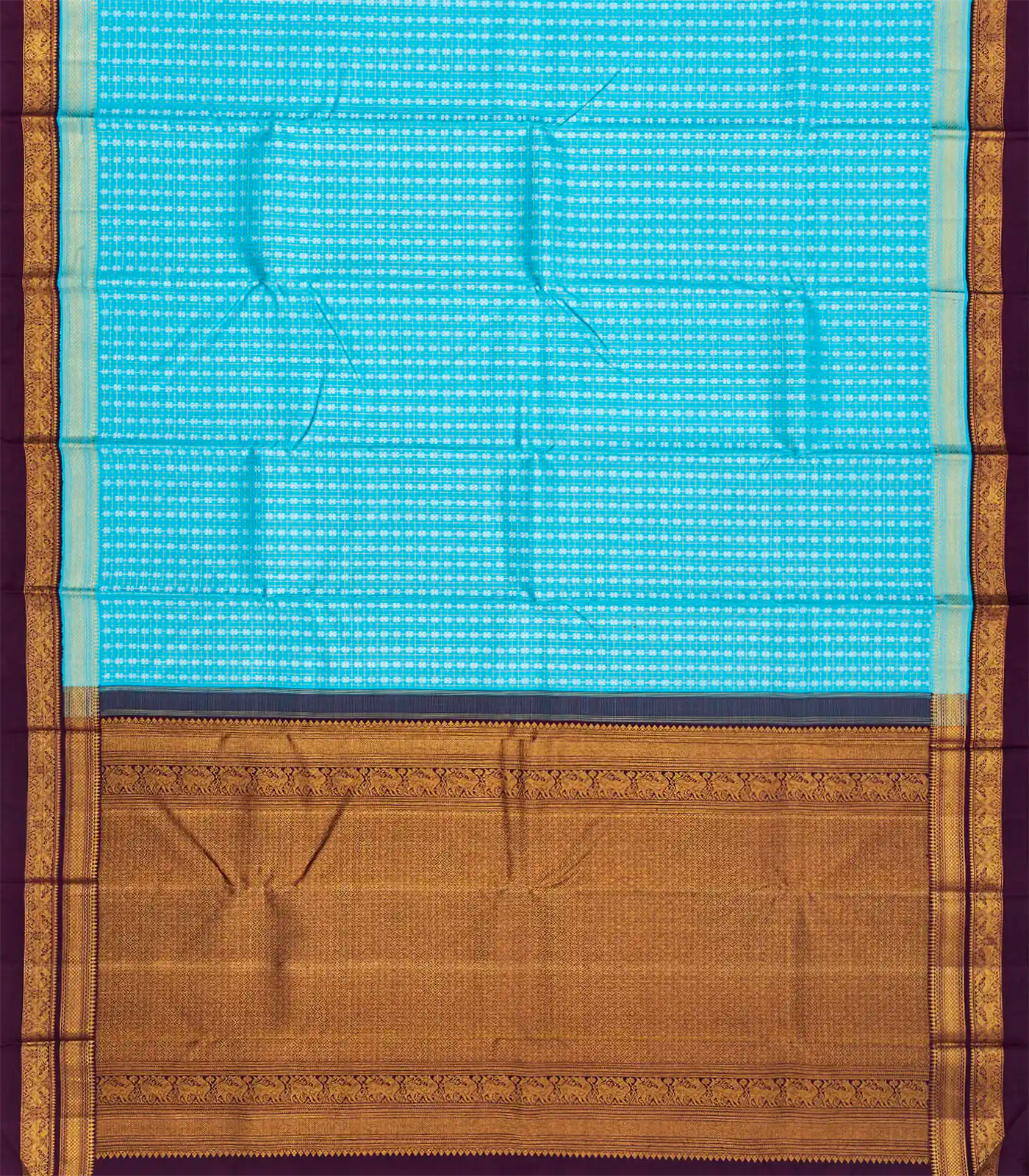 Turquoise Handloom Kanchipuram Korvai Silk Saree With Zari Checks-Turquoise