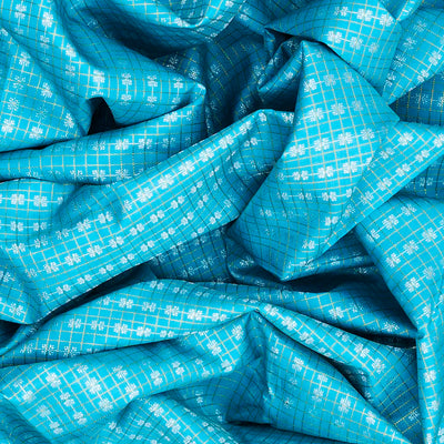Turquoise Handloom Kanchipuram Korvai Silk Saree With Zari Checks-Turquoise