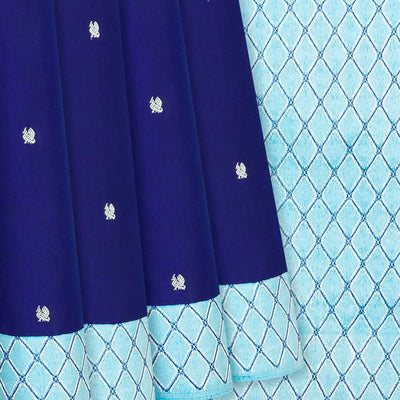 Blue Handloom Kanchipuram Korvai Silk Saree With Annam Motifs-Blue