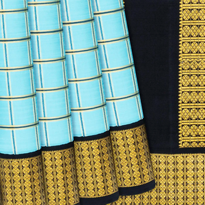 Turquoise Handloom Kanchipuram Korvai Silk Saree With Checks-Turquoise