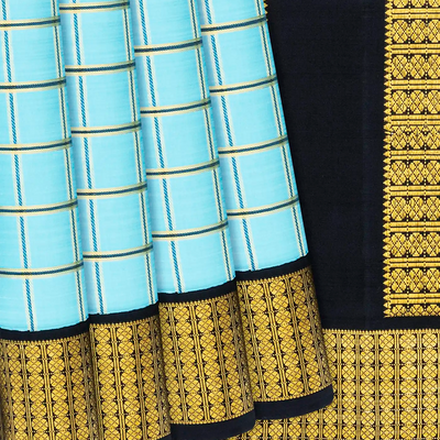 Turquoise Handloom Kanchipuram Korvai Silk Saree With Checks-Turquoise