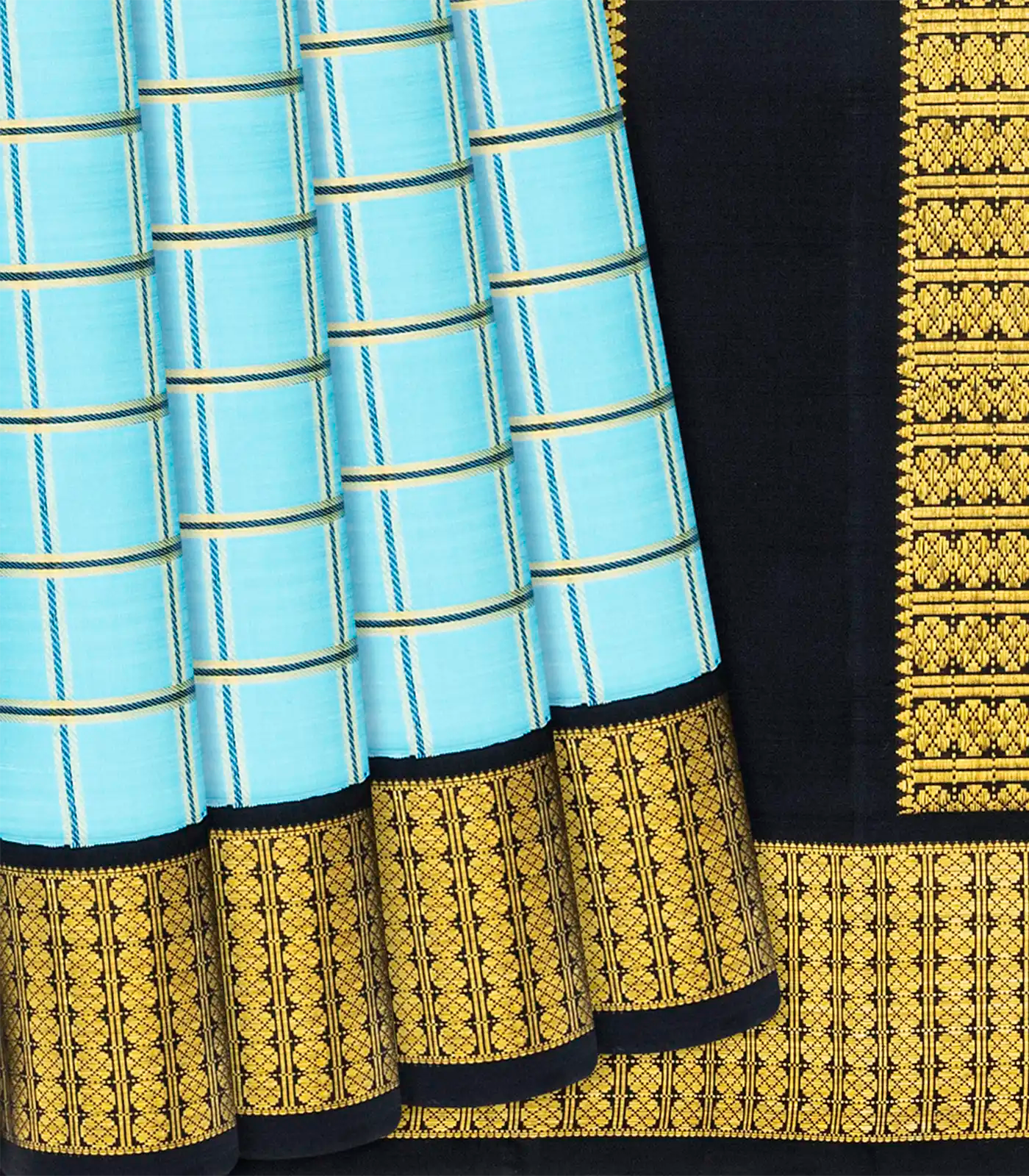 Turquoise Handloom Kanchipuram Korvai Silk Saree With Checks-Turquoise