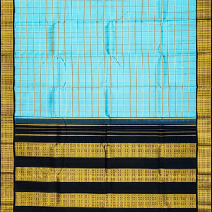 Turquoise Handloom Kanchipuram Korvai Silk Saree With Checks-Turquoise