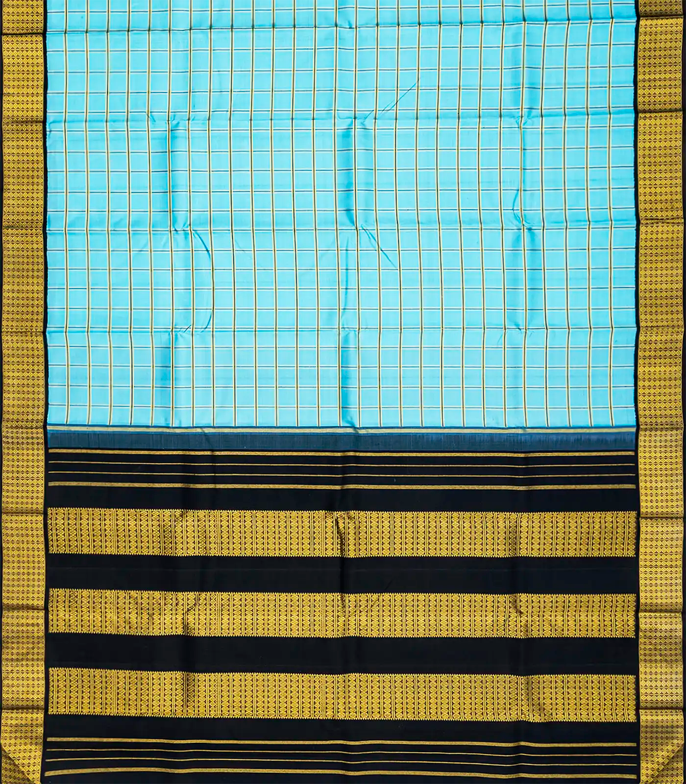 Turquoise Handloom Kanchipuram Korvai Silk Saree With Checks-Turquoise