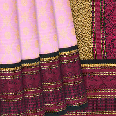 Baby Pink Handloom Kanchipuram Korvai Silk Saree With Floral Jaal Motifs-Baby Pink