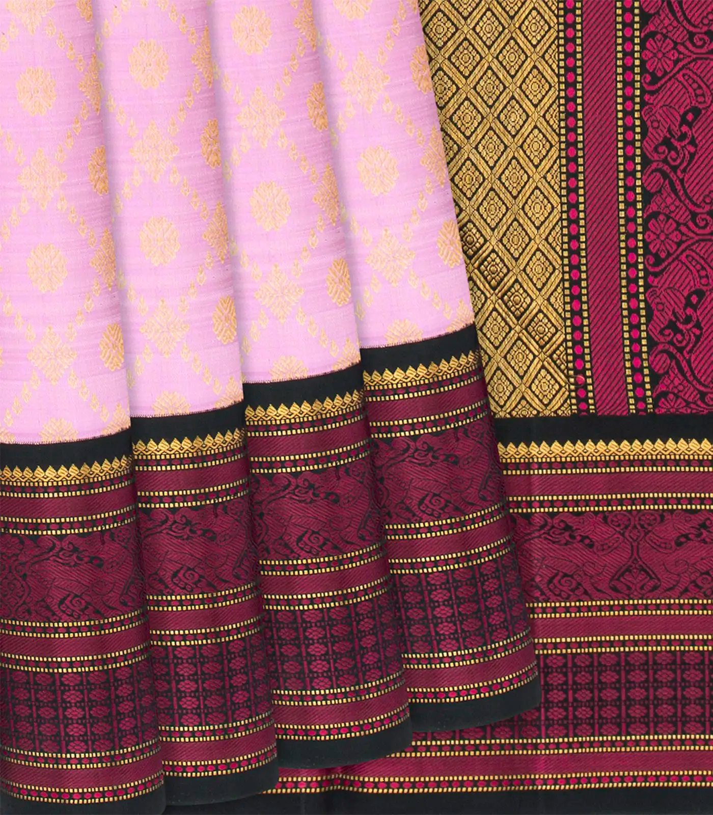 Baby Pink Handloom Kanchipuram Korvai Silk Saree With Floral Jaal Motifs-Baby Pink