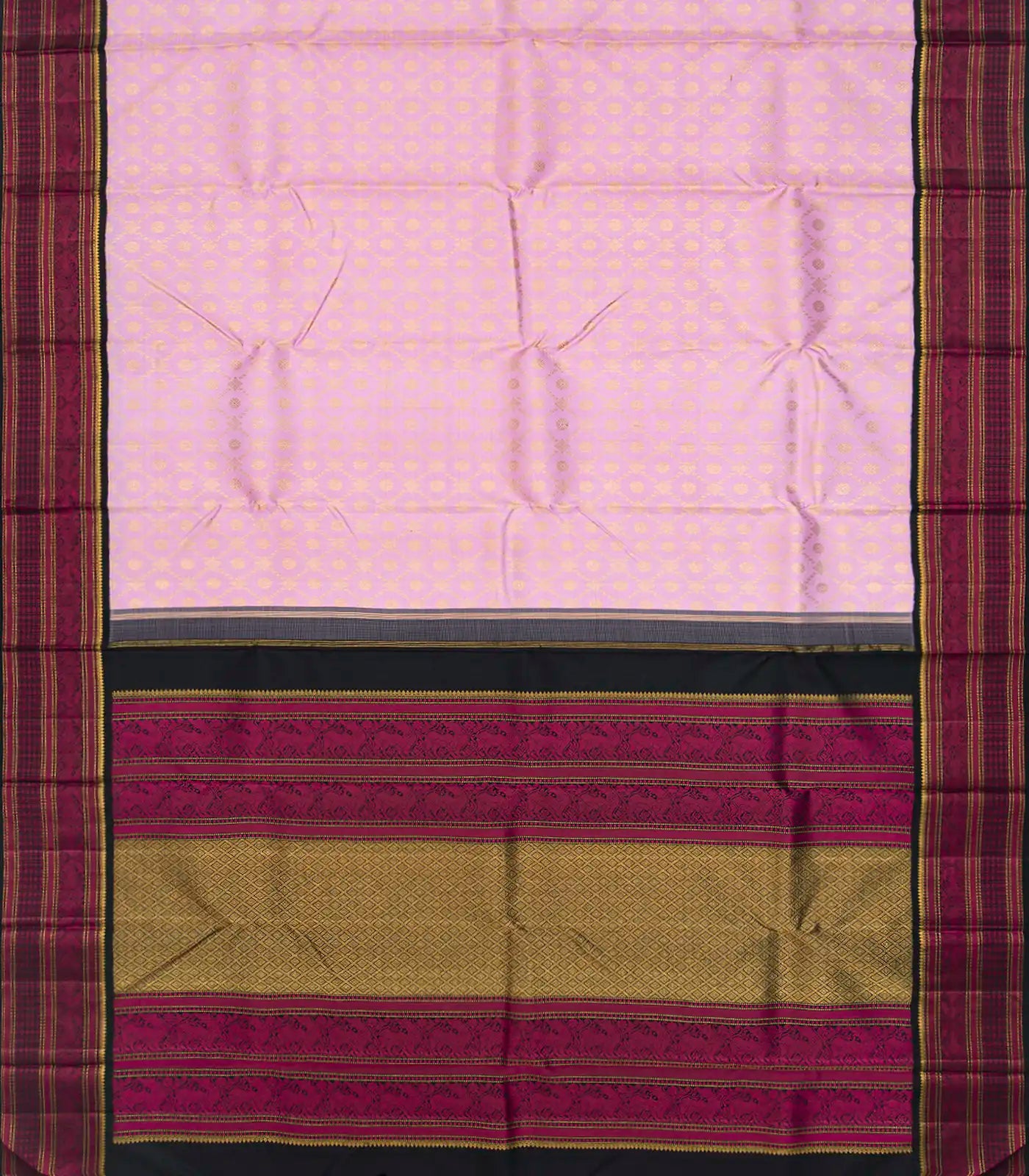 Baby Pink Handloom Kanchipuram Korvai Silk Saree With Floral Jaal Motifs-Baby Pink