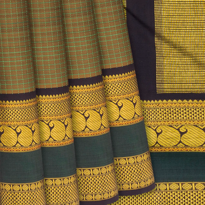 Olive Green Handloom Kanchipuram Korvai Silk Saree With Checks-Olive Green