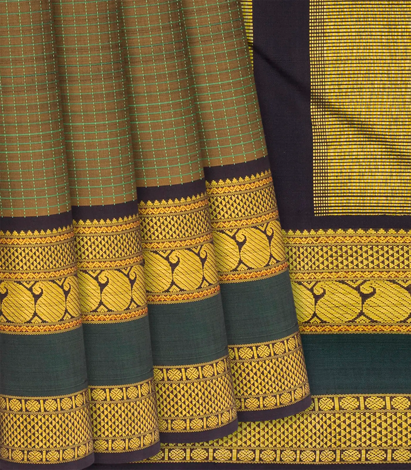 Olive Green Handloom Kanchipuram Korvai Silk Saree With Checks-Olive Green
