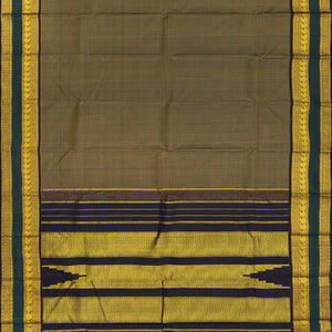 Olive Green Handloom Kanchipuram Korvai Silk Saree With Checks-Olive Green