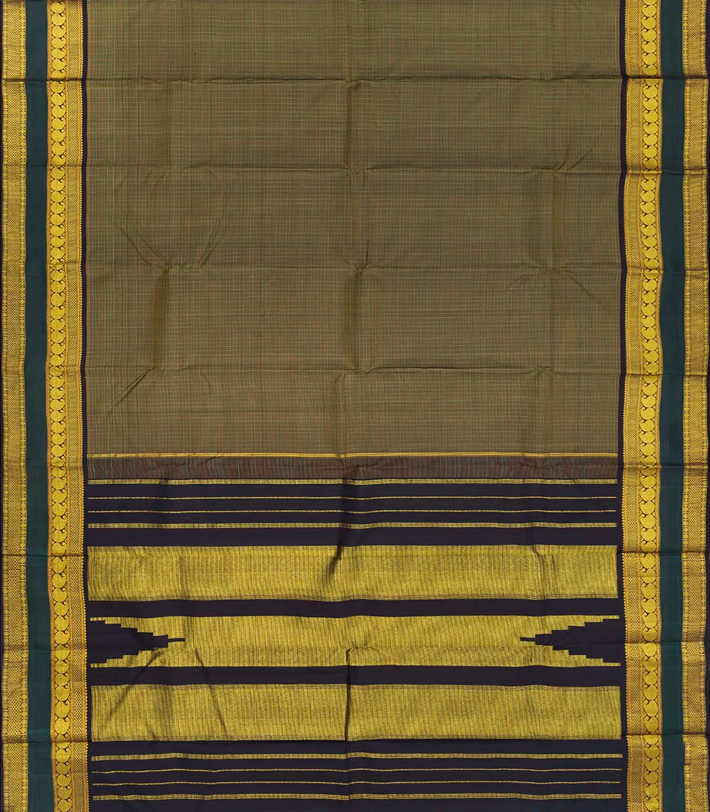 Olive Green Handloom Kanchipuram Korvai Silk Saree With Checks-Olive Green