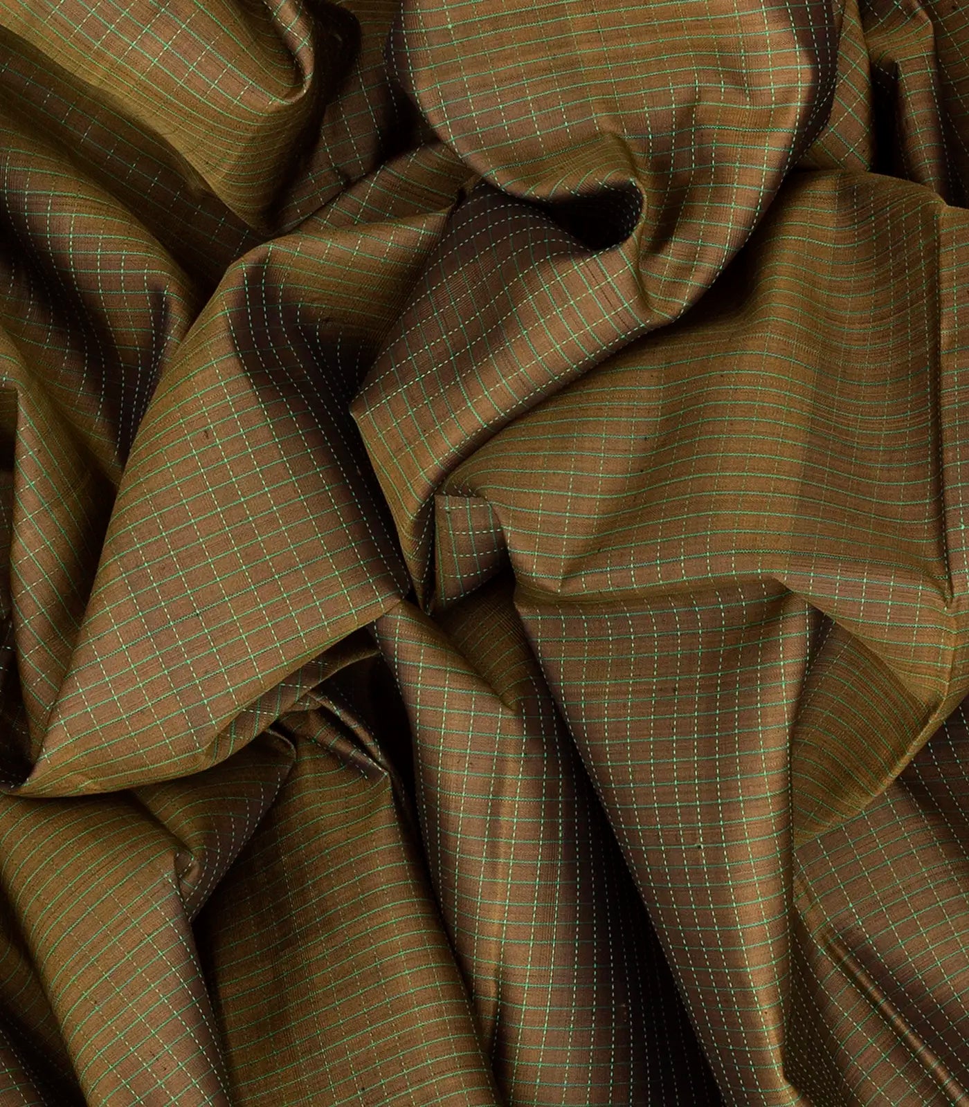 Olive Green Handloom Kanchipuram Korvai Silk Saree With Checks-Olive Green