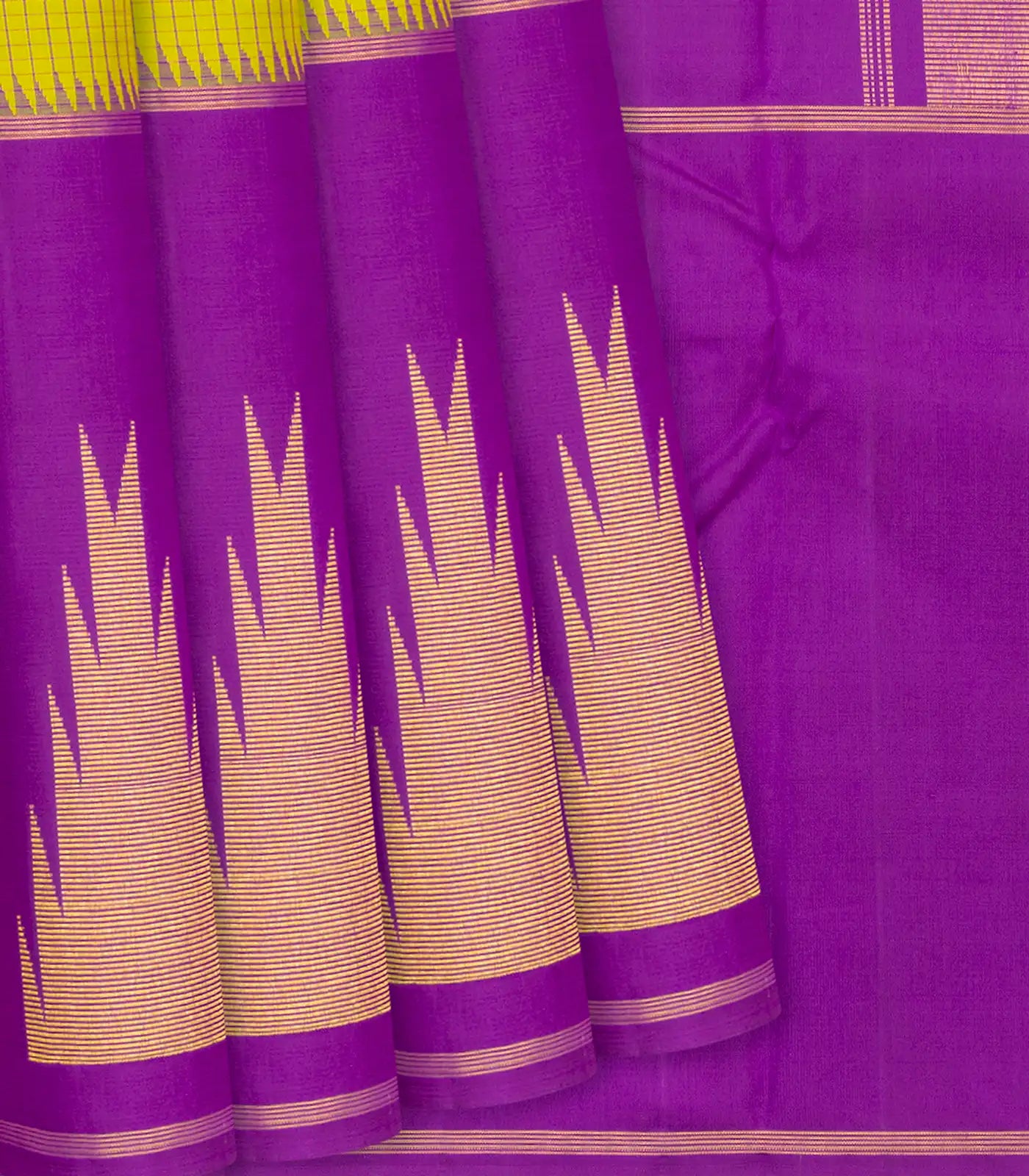 Yellow Handloom Kanchipuram Korvai Silk Saree With Checks-Yellow