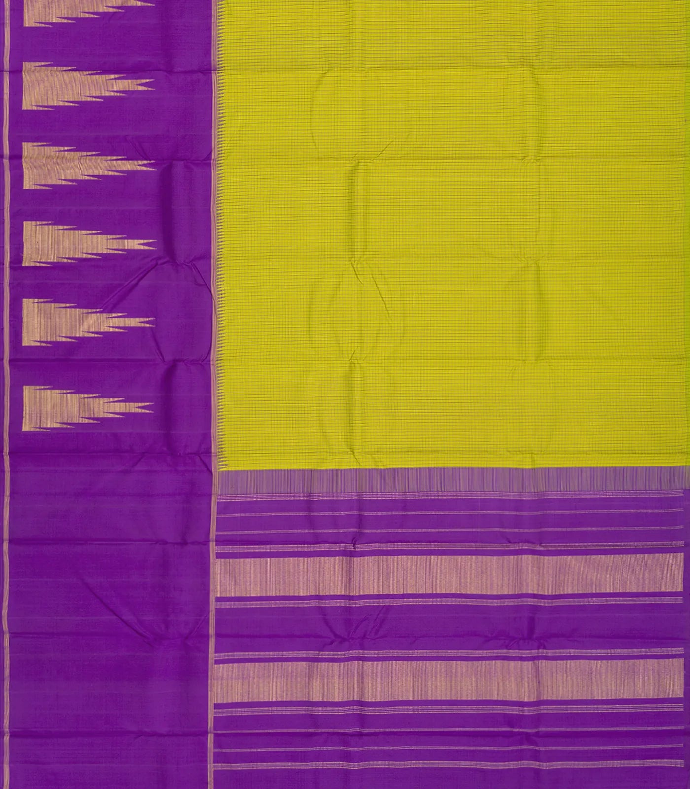 Yellow Handloom Kanchipuram Korvai Silk Saree With Checks-Yellow