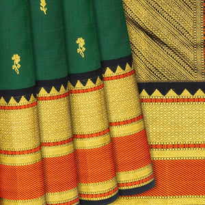 Green Handloom Kanchipuram Korvai Silk Saree With Floral Buttas-Green