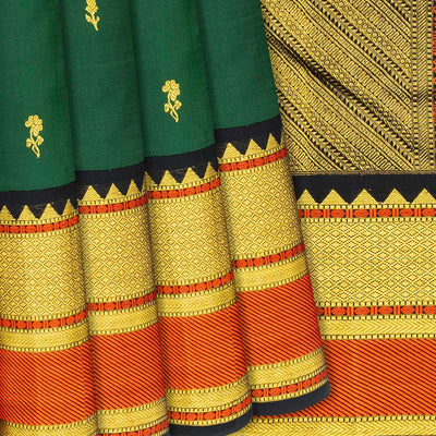 Green Handloom Kanchipuram Korvai Silk Saree With Floral Buttas-Green