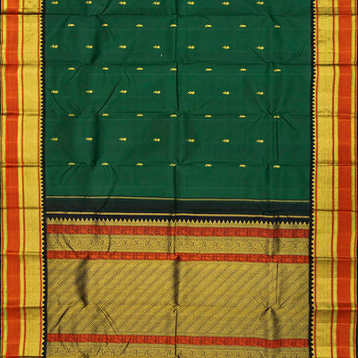 Green Handloom Kanchipuram Korvai Silk Saree With Floral Buttas-Green