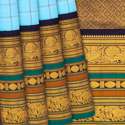 Turquoise Handloom Kanchipuram Korvai Silk Saree With Checks-Turquoise