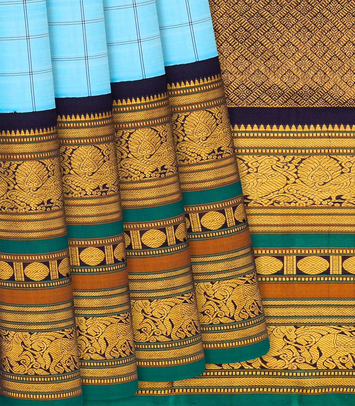 Turquoise Handloom Kanchipuram Korvai Silk Saree With Checks-Turquoise