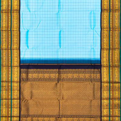 Turquoise Handloom Kanchipuram Korvai Silk Saree With Checks-Turquoise