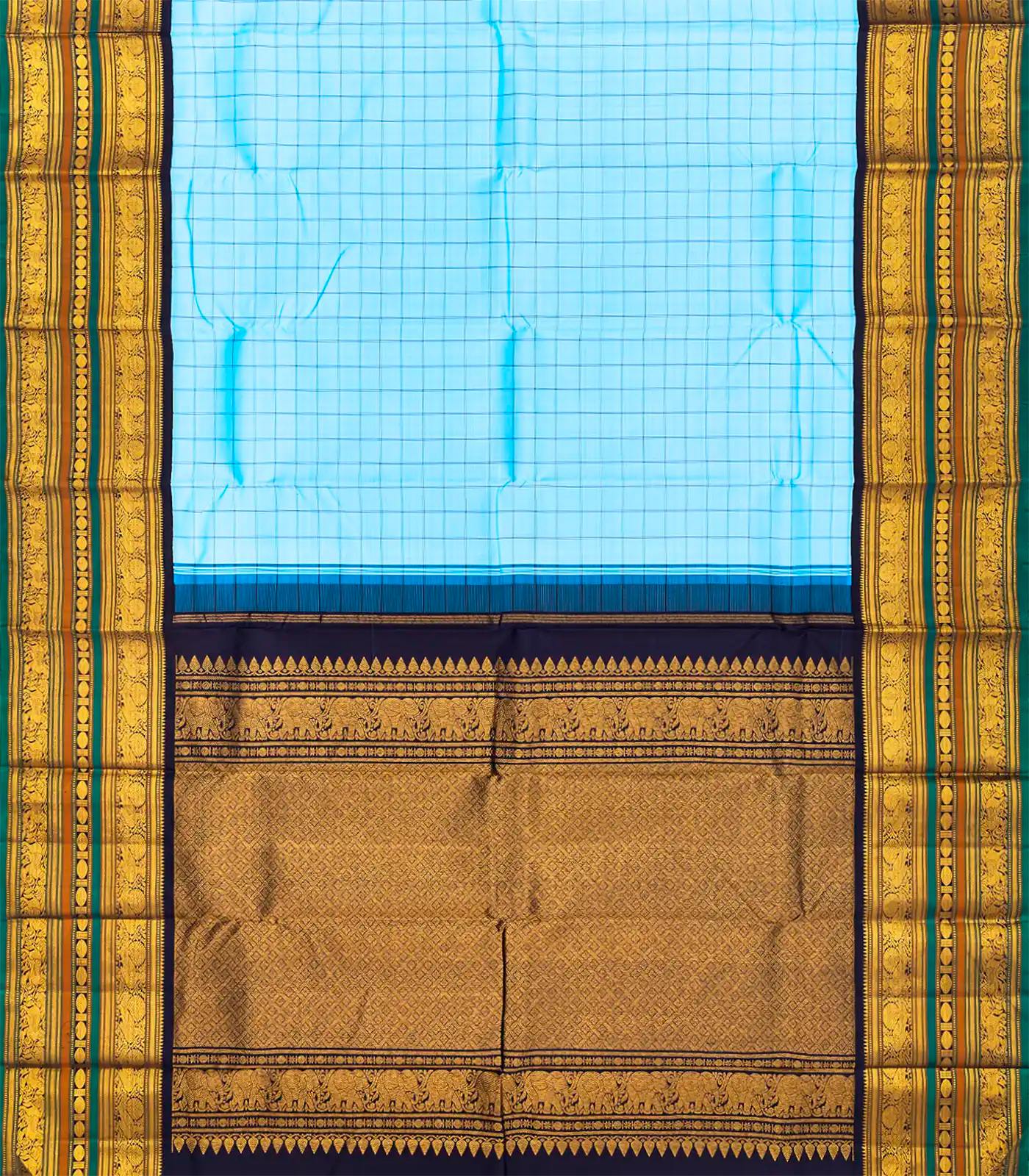 Turquoise Handloom Kanchipuram Korvai Silk Saree With Checks-Turquoise