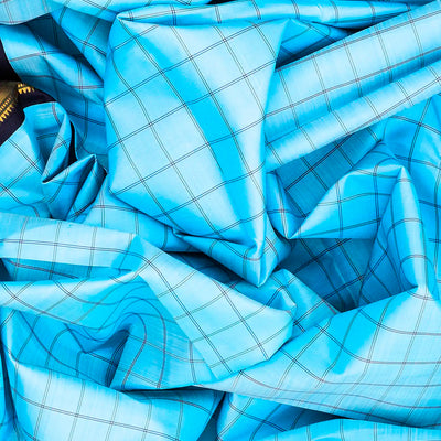 Turquoise Handloom Kanchipuram Korvai Silk Saree With Checks-Turquoise