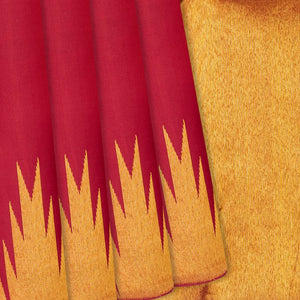 Red Handloom Kanchipuram Silk Saree With Zari Temple Border-Red