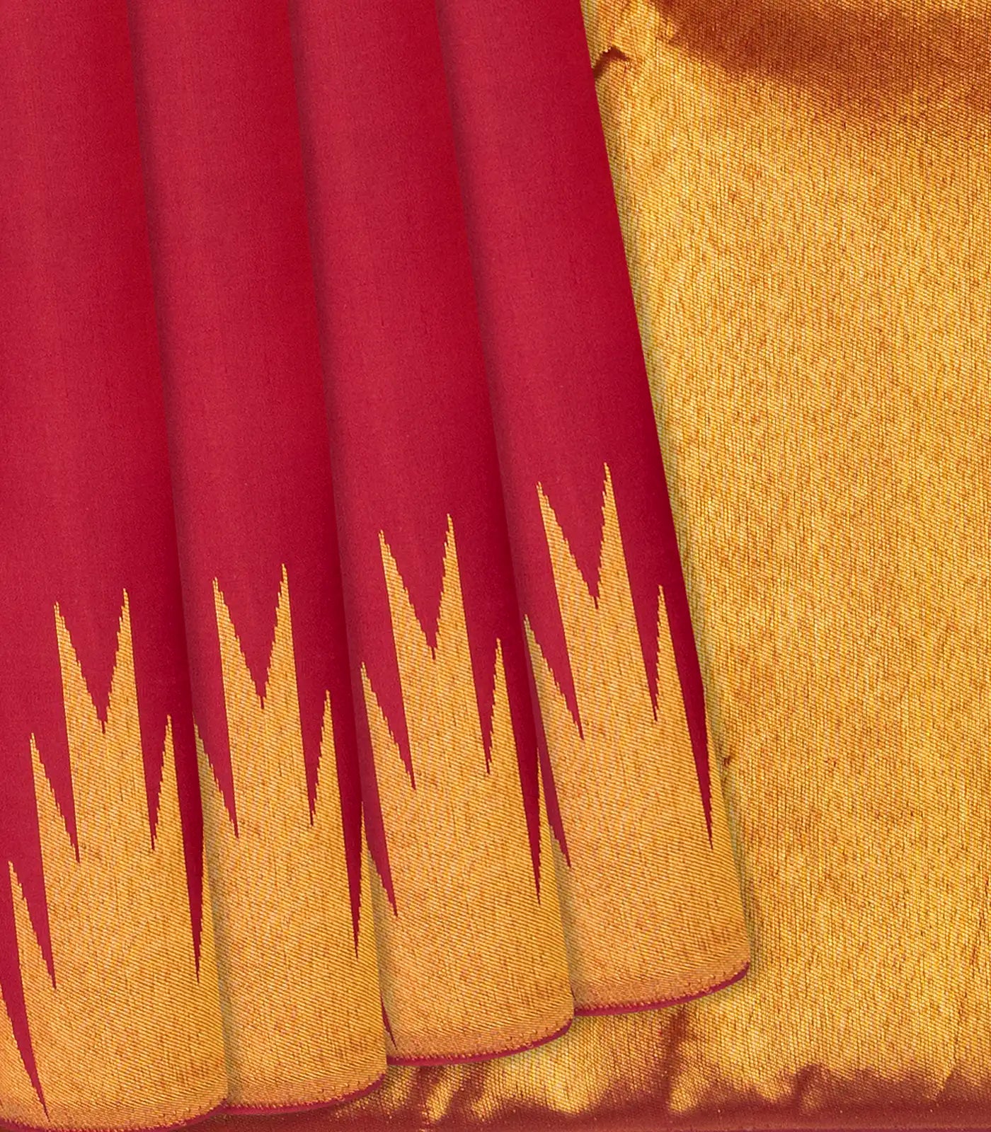 Red Handloom Kanchipuram Silk Saree With Zari Temple Border-Red