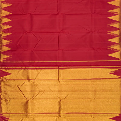 Red Handloom Kanchipuram Silk Saree With Zari Temple Border-Red