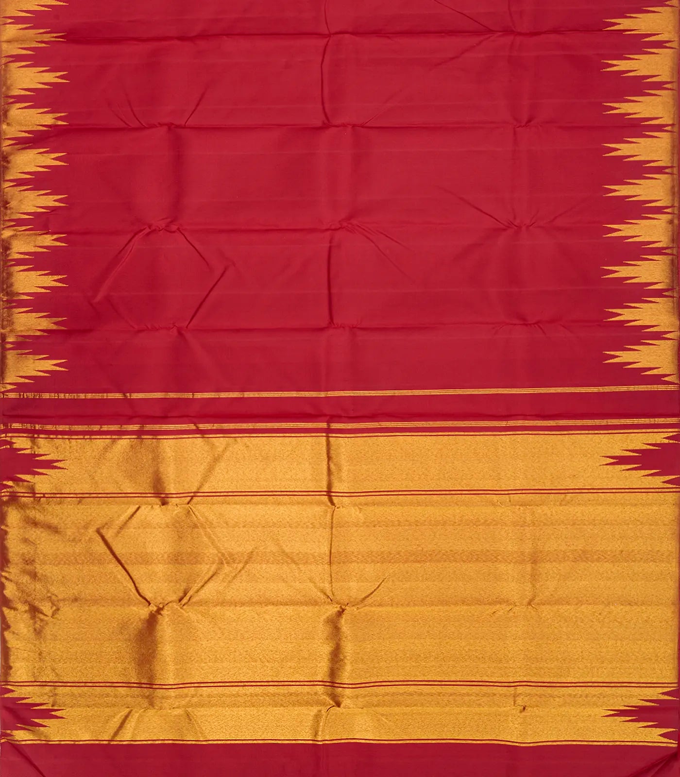 Red Handloom Kanchipuram Silk Saree With Zari Temple Border-Red