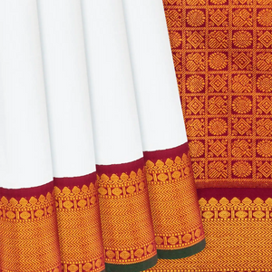 White Handloom Kanchipuram Korvai Silk Saree With Crimson Border-White