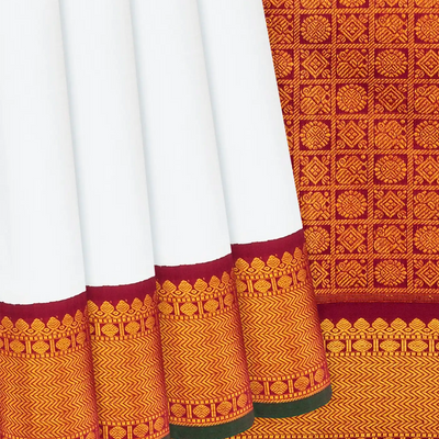 White Handloom Kanchipuram Korvai Silk Saree With Crimson Border-White