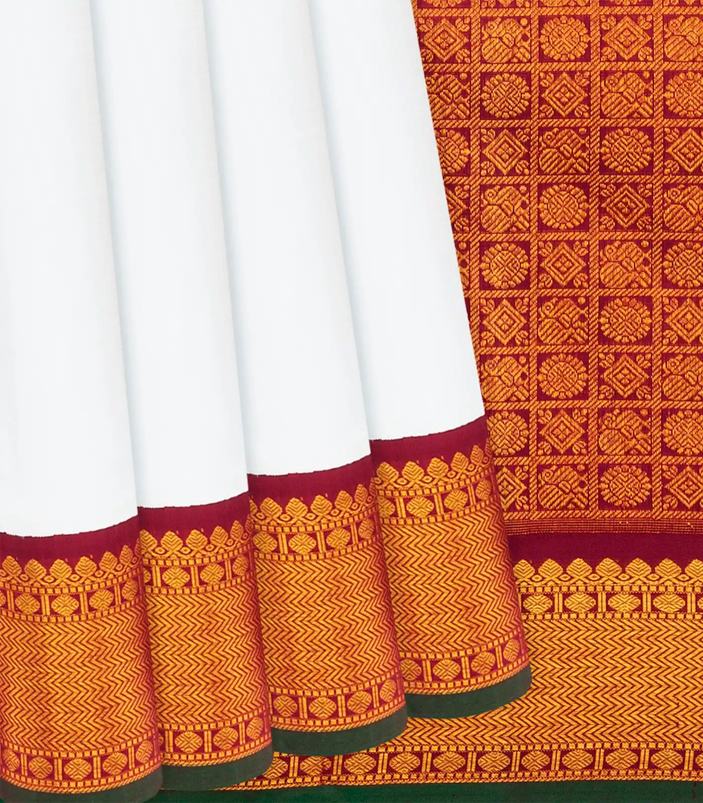 White Handloom Kanchipuram Korvai Silk Saree With Crimson Border-White