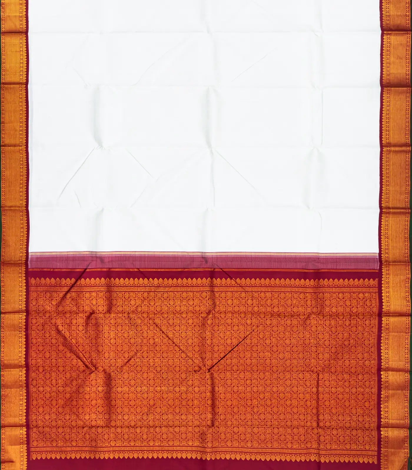 White Handloom Kanchipuram Korvai Silk Saree With Crimson Border-White