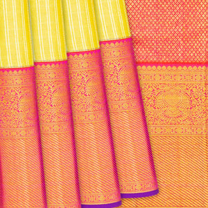 Yellow Handloom Kanchipuram Korvai Silk Saree With Zari Stripes-Yellow