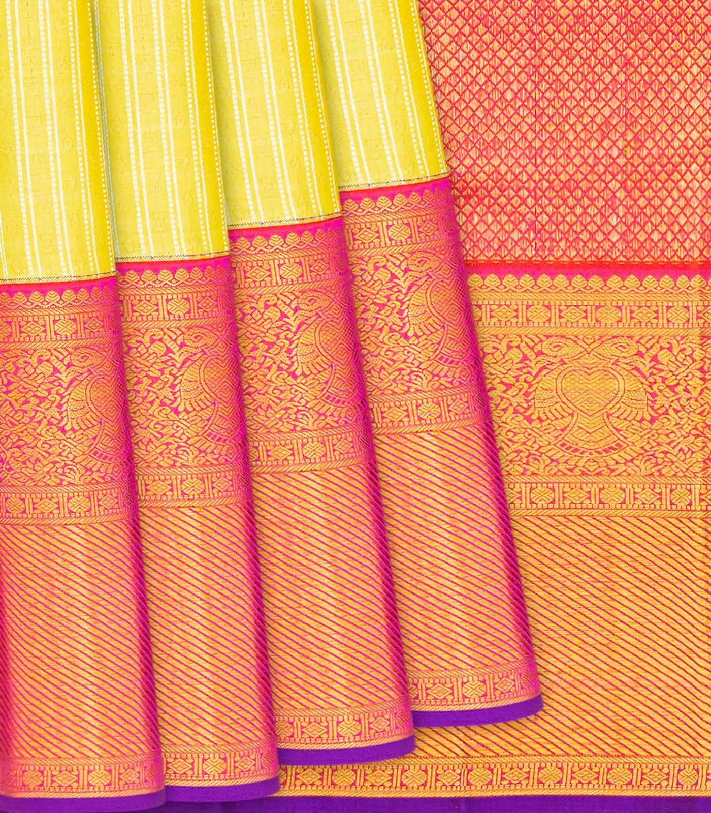 Yellow Handloom Kanchipuram Korvai Silk Saree With Zari Stripes-Yellow