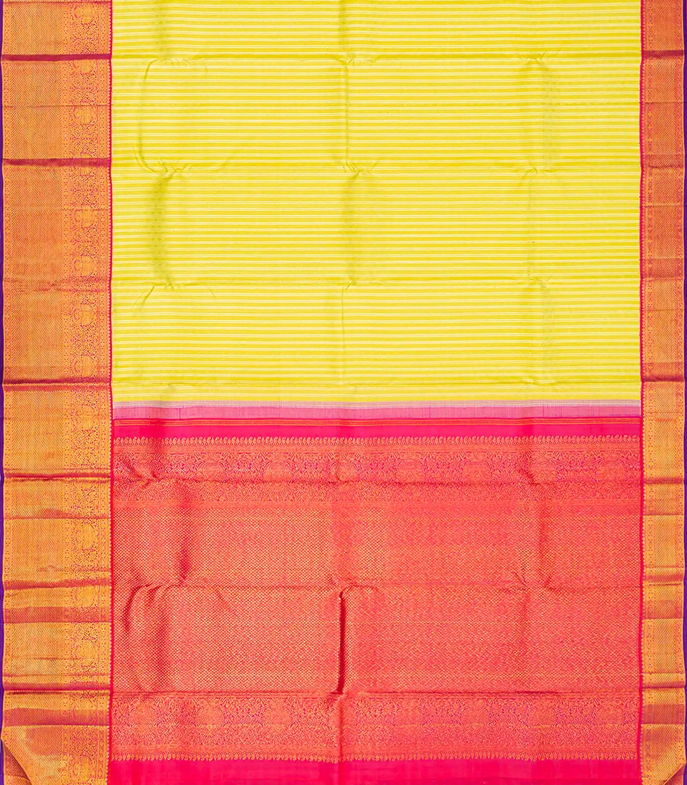 Yellow Handloom Kanchipuram Korvai Silk Saree With Zari Stripes-Yellow