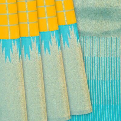 Yellow Handloom Kanchipuram Korvai Silk Saree With Meena Checks-Yellow