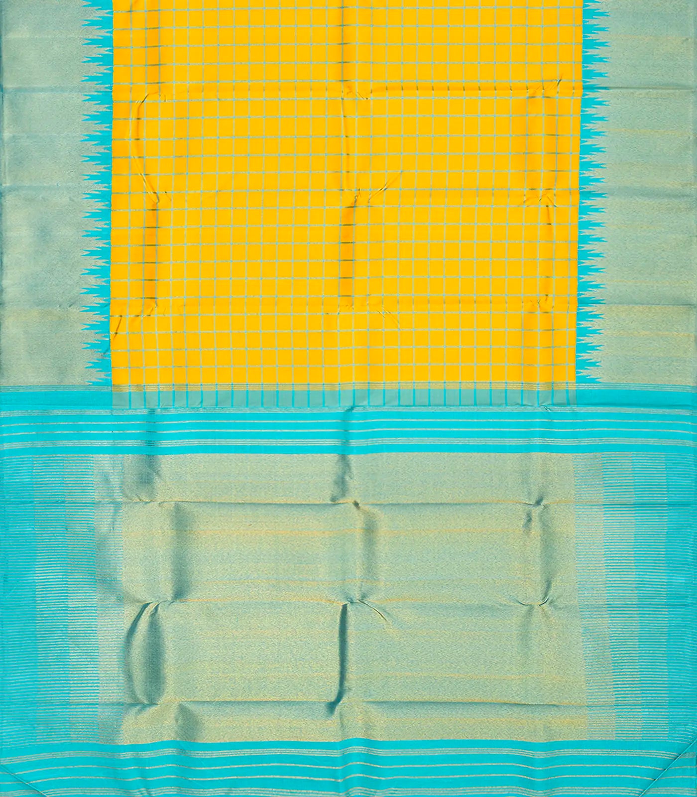 Yellow Handloom Kanchipuram Korvai Silk Saree With Meena Checks-Yellow