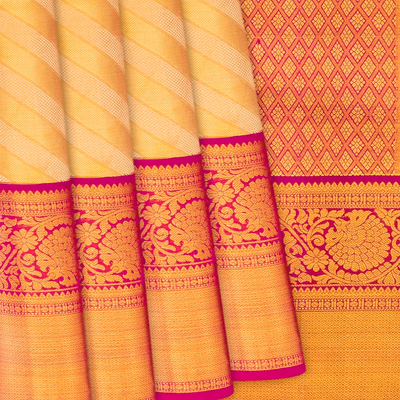 Beige Handloom Kanchipuram Korvai Silk Saree With Diagonal Stripes-Beige